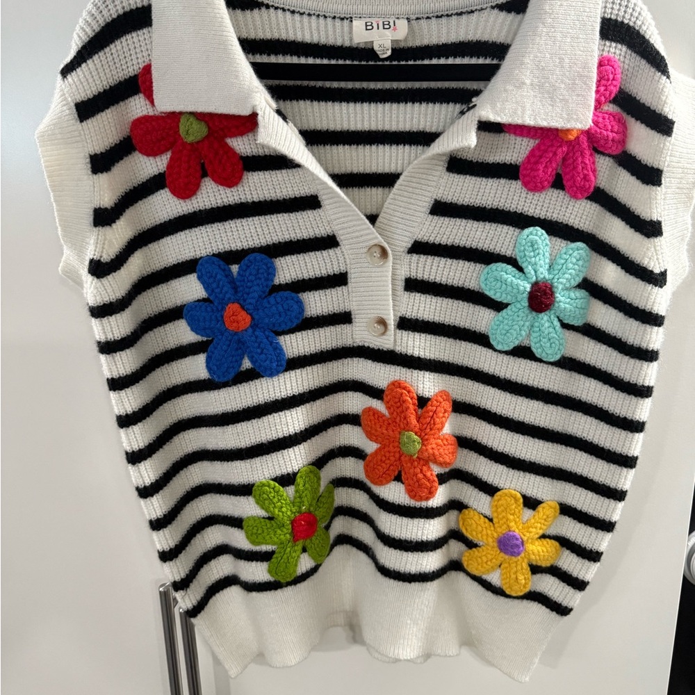 Striped Knit Top with Colorful Floral Accents